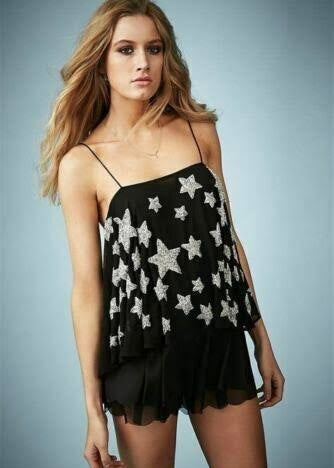 TOPSHOP KATE MOSS | Black Silver Sequin Star Spaghetti Swing Vest Top