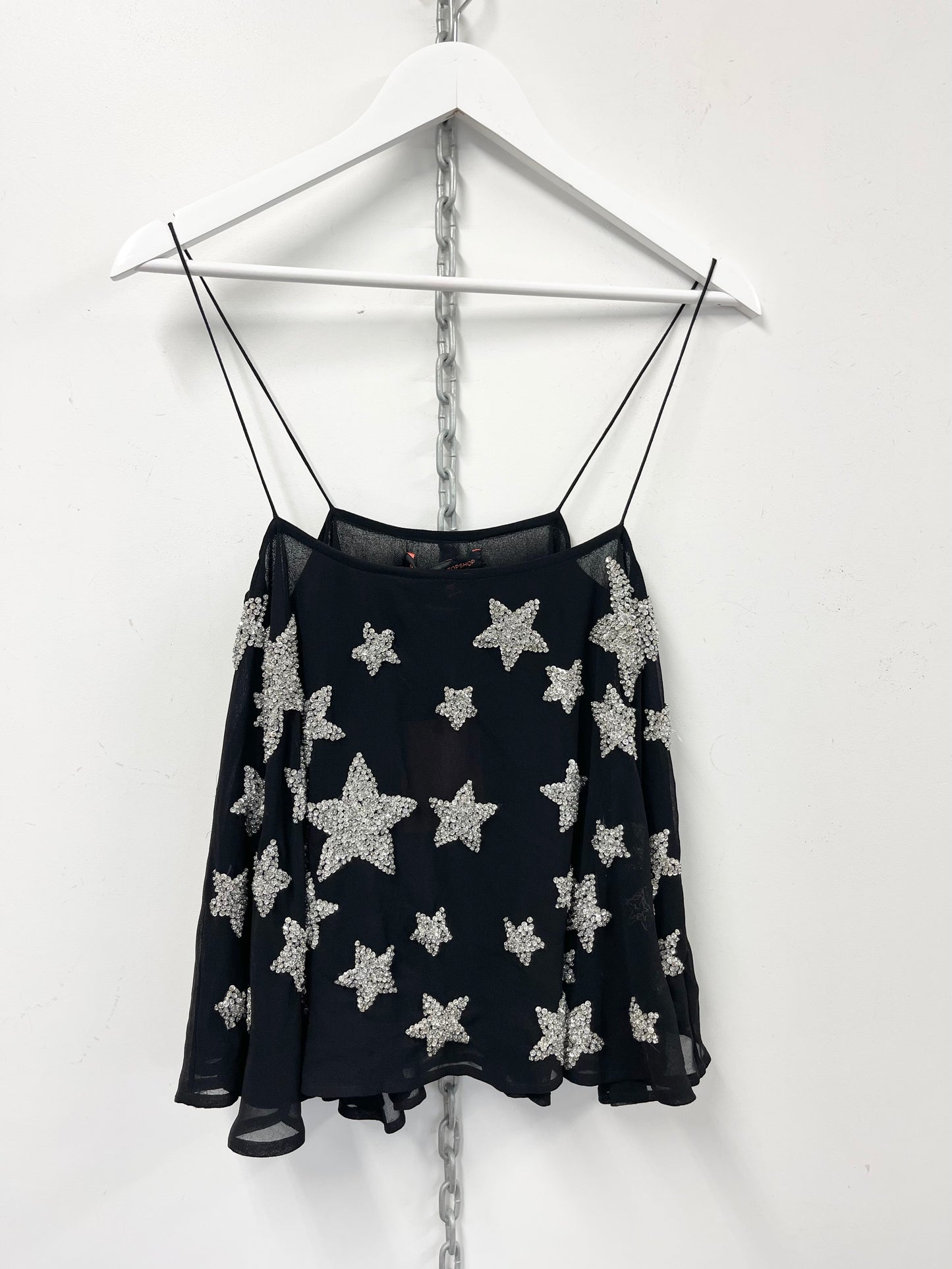 TOPSHOP KATE MOSS | Black Silver Sequin Star Spaghetti Swing Vest Top