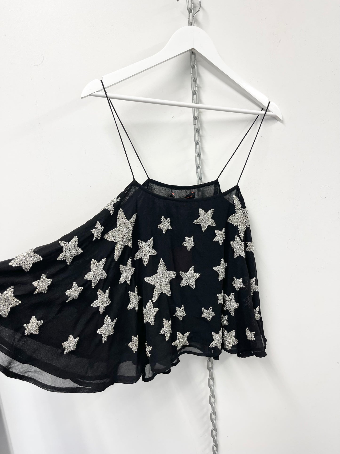 TOPSHOP KATE MOSS | Black Silver Sequin Star Spaghetti Swing Vest Top