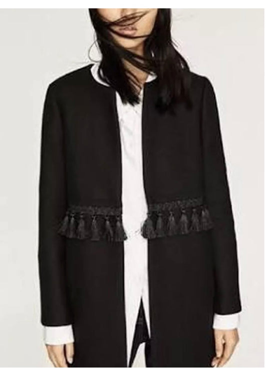 ZARA | Mid Length Wool Blend Jacket With Braiding & Tassel